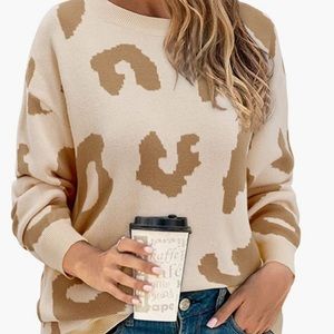 Casual Leopard Print Sweater Loose Long Sleeve Crew Neck Knit Pullover Tops
